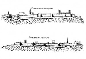 Ilok - panoramas of the 1698th from the report of Father Boninis view from the south and north. Palas Ilok is especially prominent (today in the Archives of Odescalchi princes)
